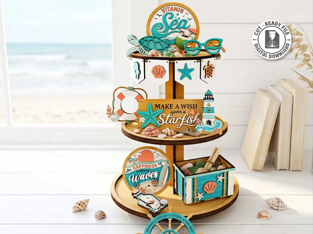 [Laser cut and engrave] Coastal Themed Tiered Tray Decor with Beach and Nautical Elements Laser Cut Bundle