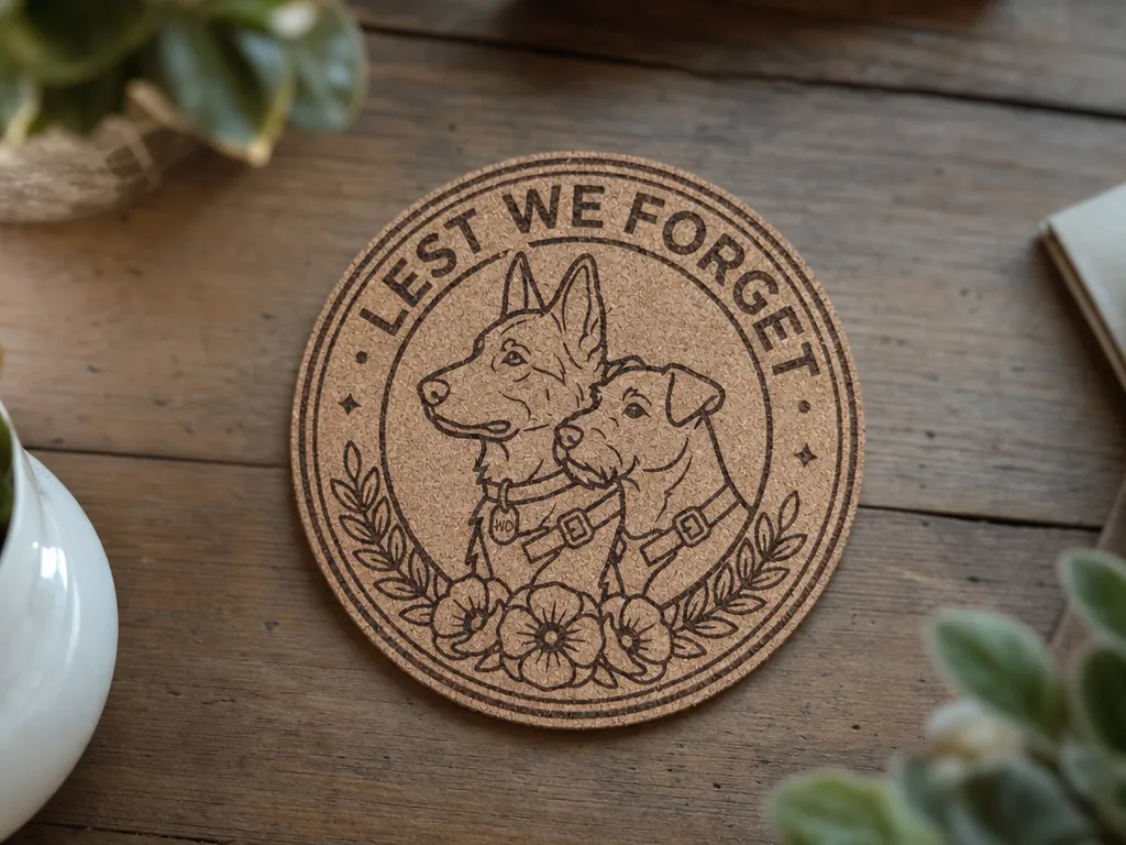 Lest We Forget Cork Coaster with Military Working Dog Motif