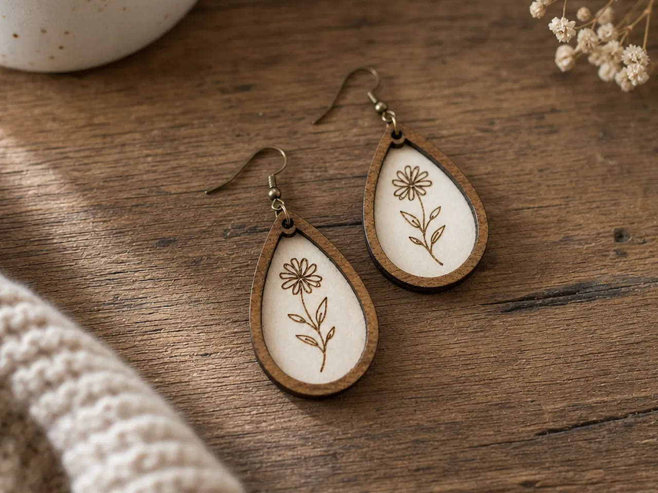 [Laser cut and engrave] Teardrop Earrings with Floral Line Art