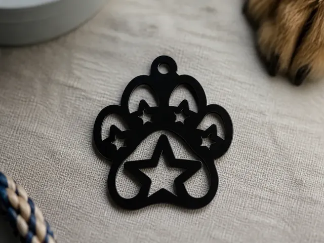 Black Paw Print Pet ID Tag with Star Cutouts