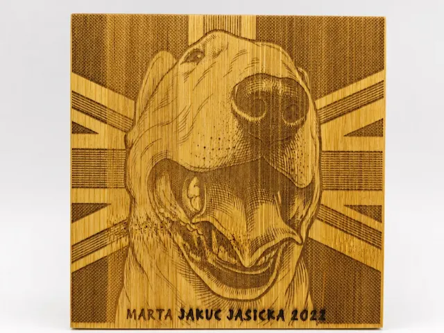 Bull Terrier Portrait on Square bamboo coaster