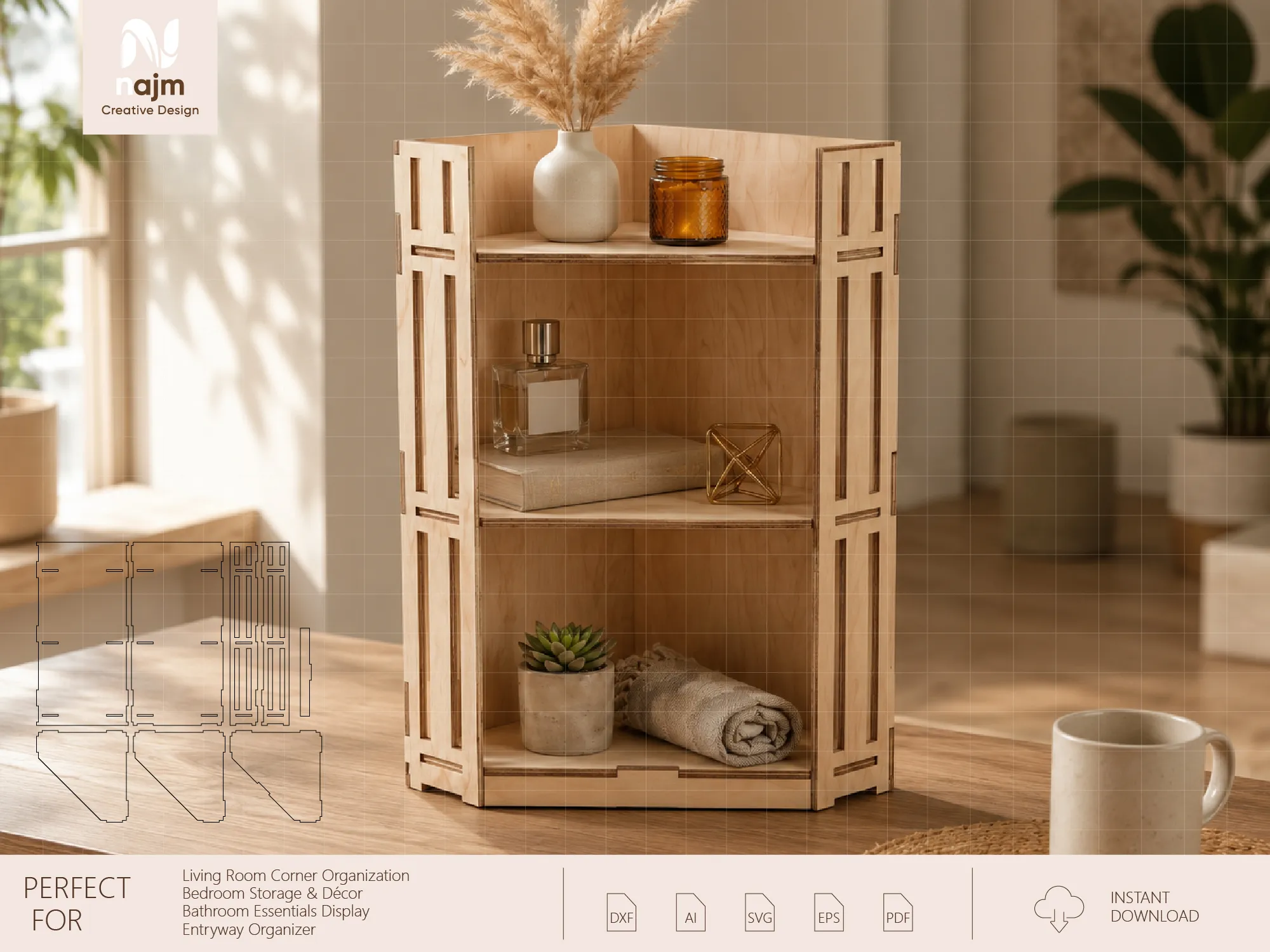 Three-Tier Wooden Corner Shelf Organizer