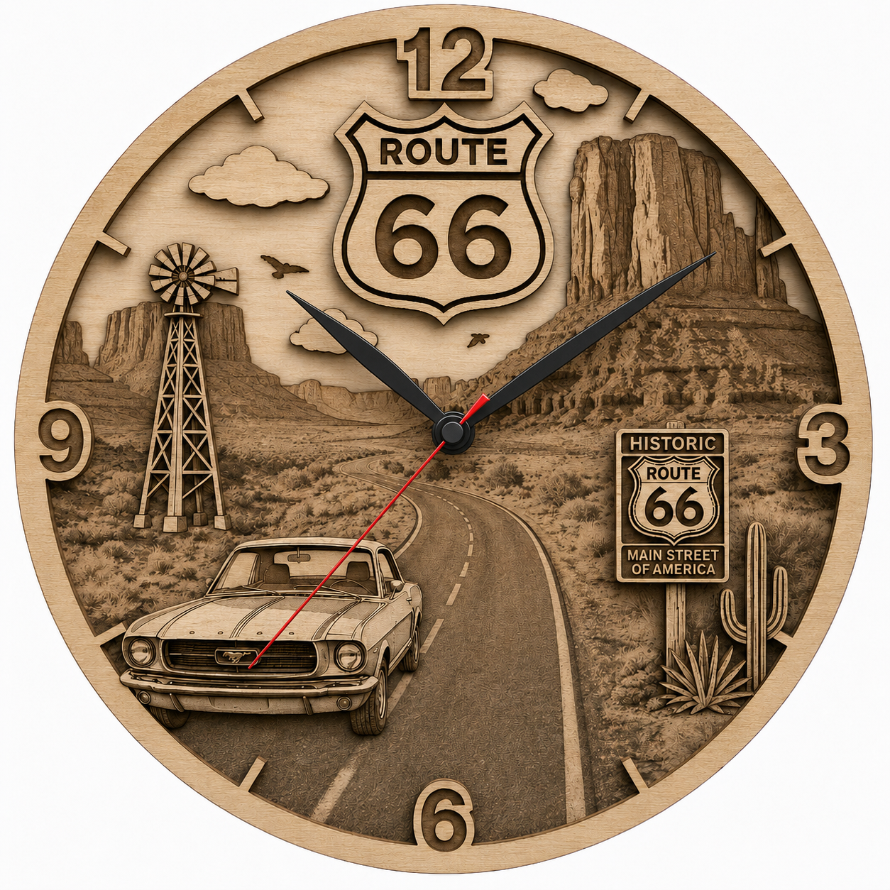 Horloge murale ronde avec paysage de la Route 66 et voiture