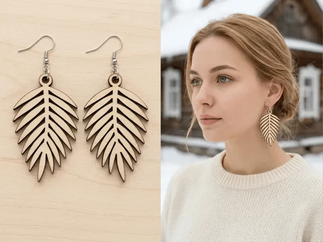 Palm Leaf Shaped Wooden Dangle Earrings