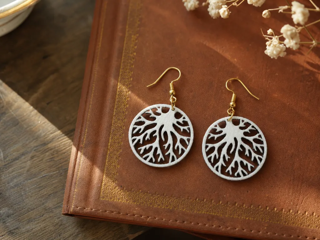 Boucles d'oreilles pendantes rondes avec motif arbre de vie blanc