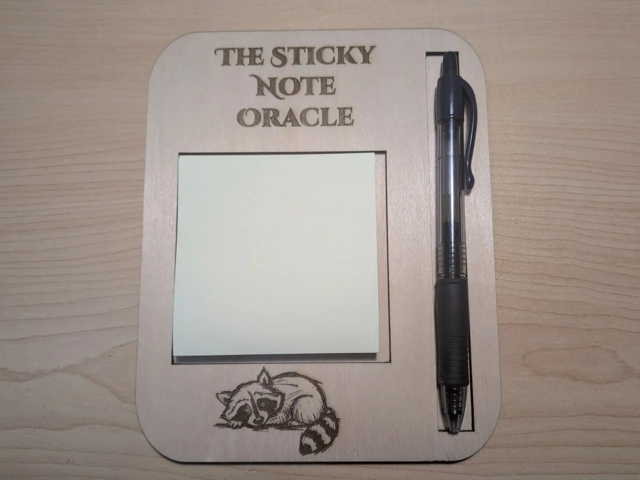 [Laser cut and engrave] 🦝 Sticky Note Oracle Desk Holder with Pen Slot | Layered Laser Cut Birch Plywood Back to School Organizer