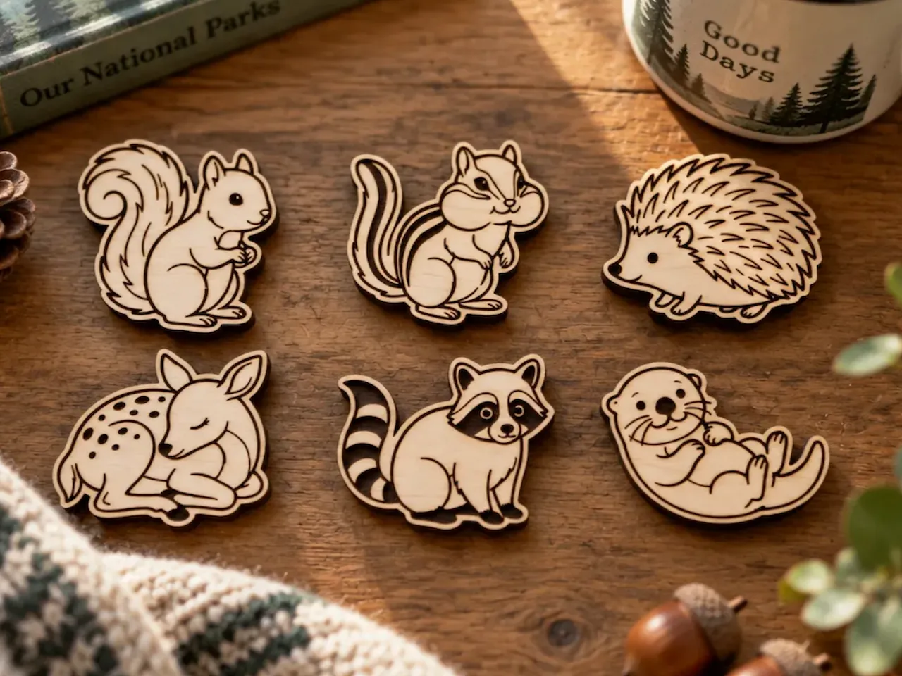 [Laser cut and engrave] Woodland Animal Cutouts Featuring Squirrel Chipmunk Hedgehog Fawn Raccoon and Otter