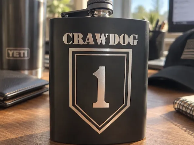 Black Matte Metal Flask with Crawdog and Number One Shield Emblem