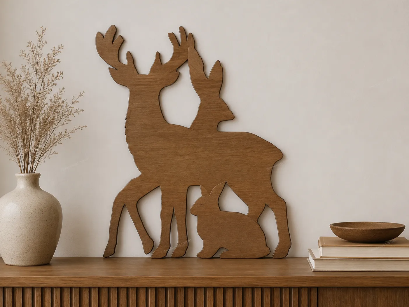 Wooden Wall Art Featuring Silhouette of Deer and Rabbit
