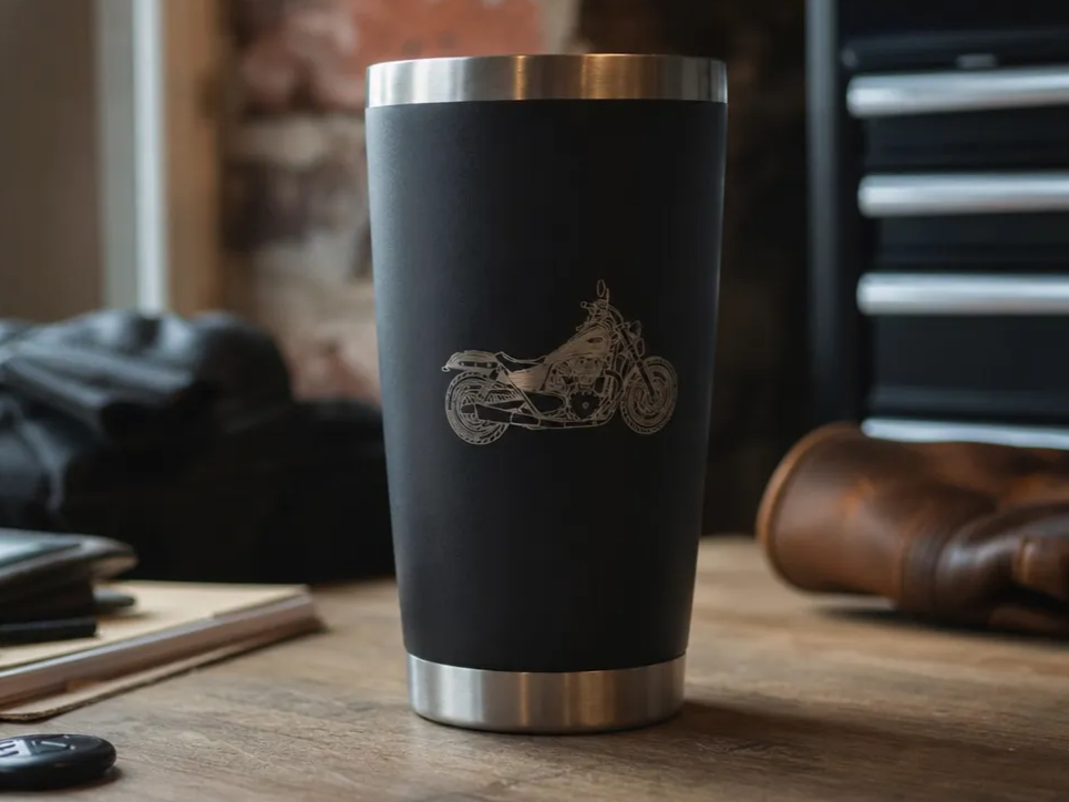 Schwarzer Thermosbecher mit 1700ccm Motorrad Motiv