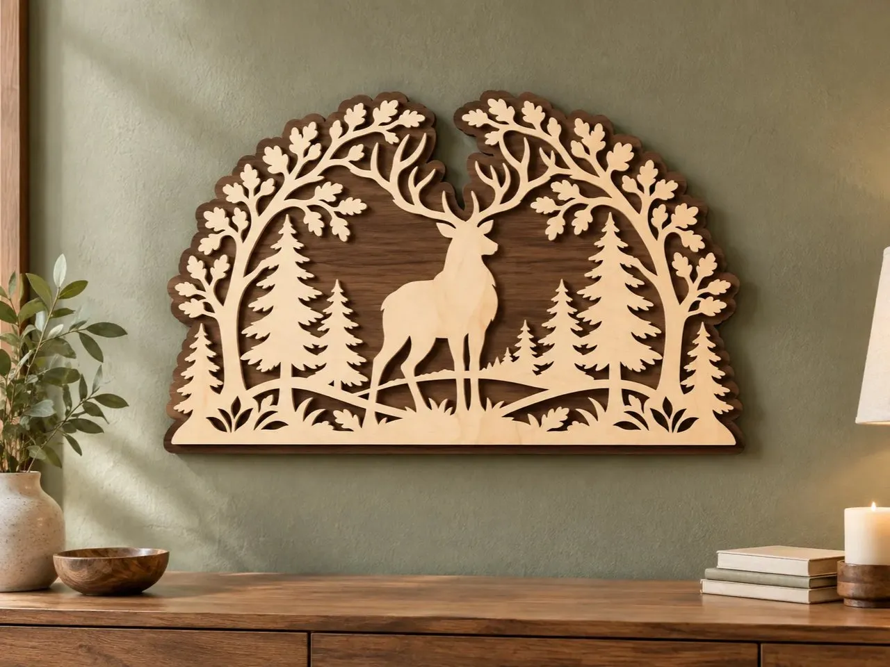 [Laser cut and engrave] Nature Deer and Pine Tree Theme Wooden Laser-Cut Wall Art & Home Decor
