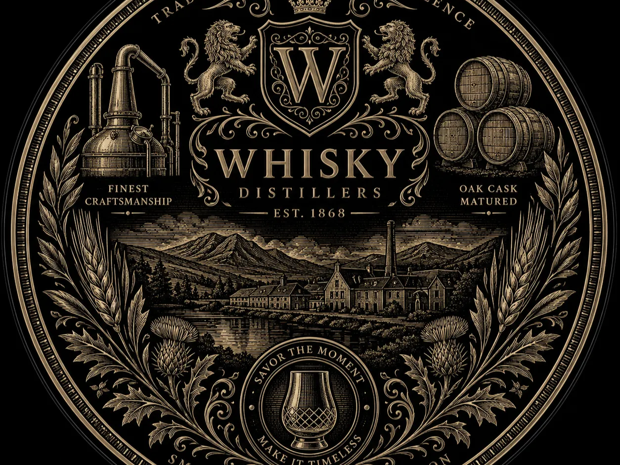 Emblème circulaire de distillerie de whisky avec paysage et motifs traditionnels