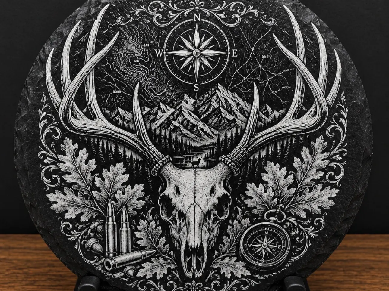 Circular Slate Plaque Featuring Deer Skull Mountain Landscape and Compass Motif