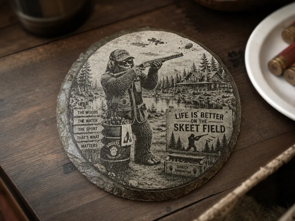 Sasquatch Bigfoot Skeet Shooting Slate Coaster with Life is Better on the Skeet Field Quote