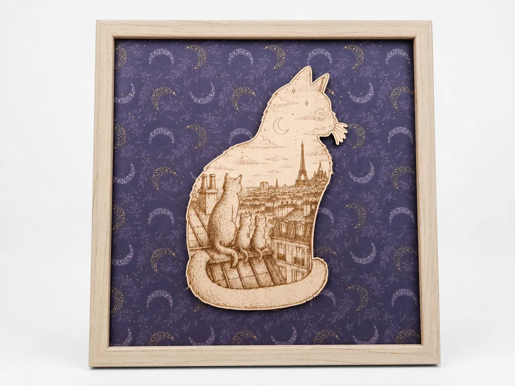 🌙 Les Lumières de Paris - Paris Under the Moon – Cat Silhouette Landscape (20x20cm)