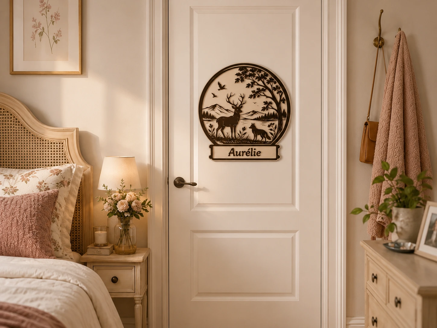 Plaque de porte personnalisée avec motif de cerf et de forêt