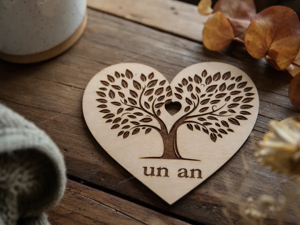 Cœur en bois avec arbre de vie et inscription un an
