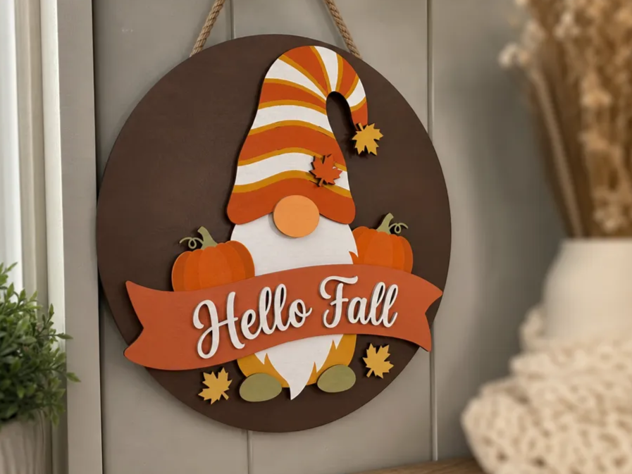 Hello Fall Gnome Round Wall Hanging Sign with Pumpkins