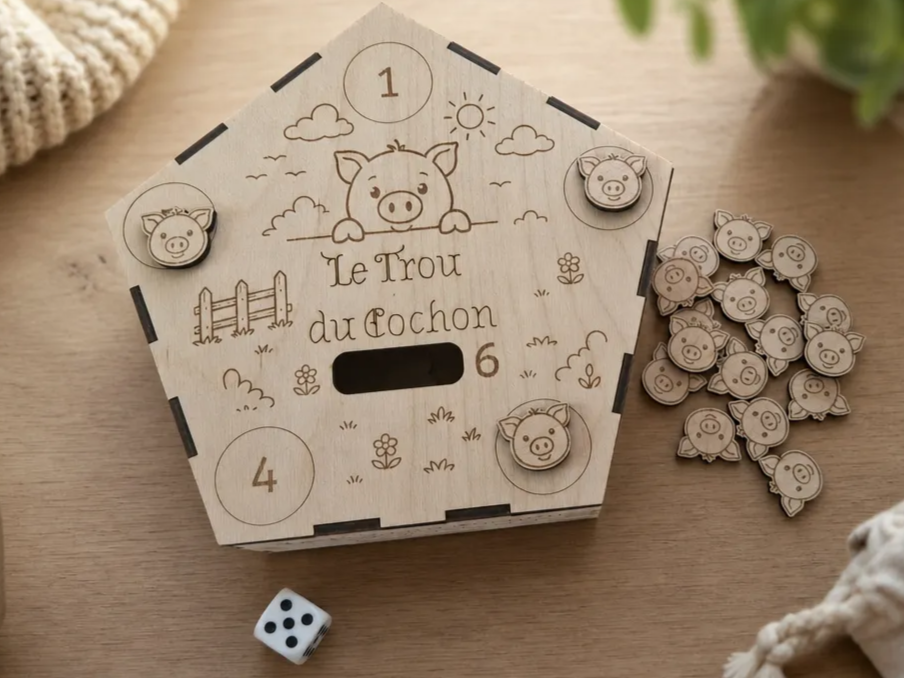 Jeu de société en bois Le Trou du Cochon avec jetons avec règles en français et anglais, Jeu traditionnel en bois à fabriquer version non commerciale)