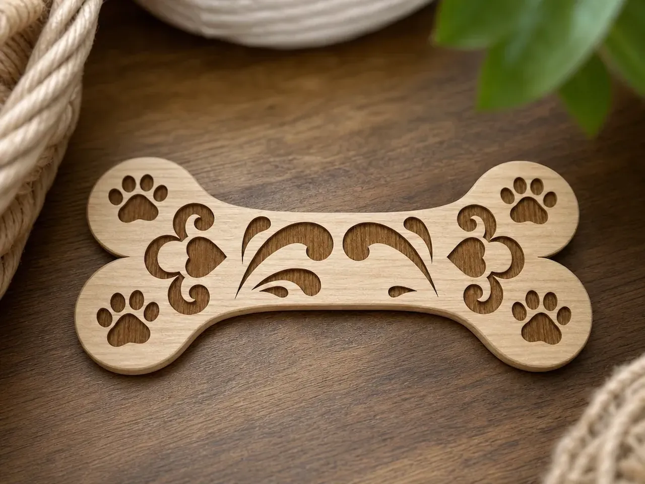 [Laser cut and engrave] Wooden Dog Bone Ornament with Paw Print and Floral Cutout Details