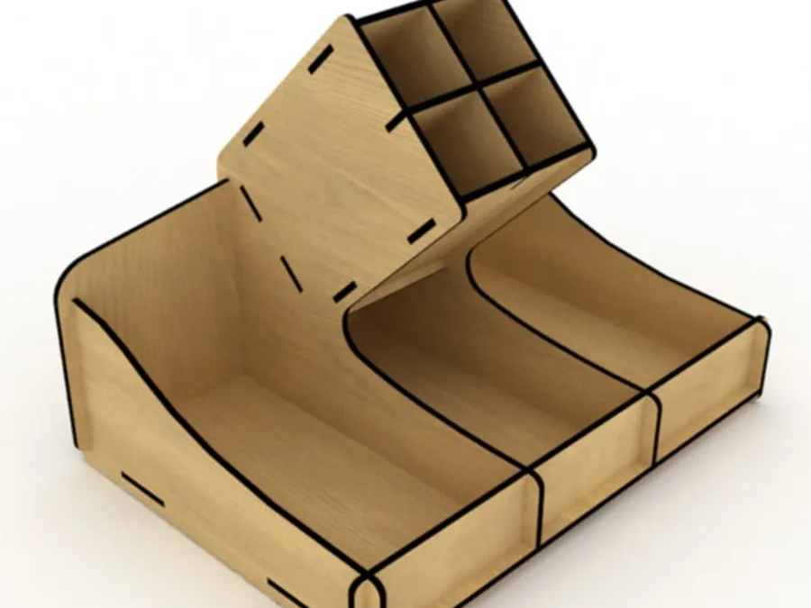 Wooden Desk Organizer with Pen Holder and Storage Compartments