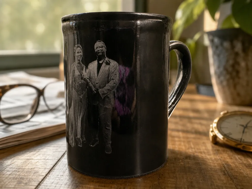 Black ceramic mug featuring a portrait of a couple