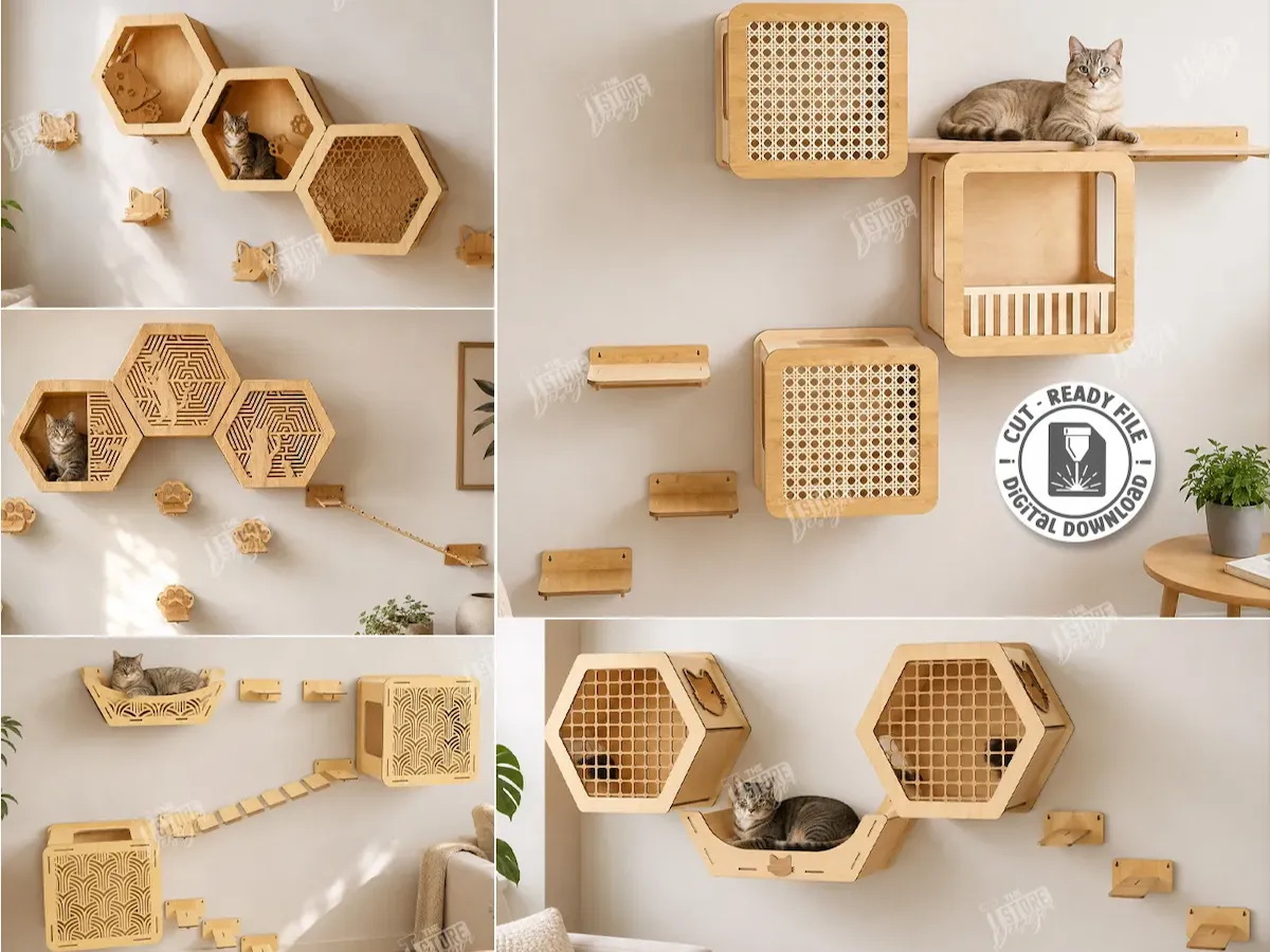 [Laser cut and engrave] Wall Mounted Wooden Cat Shelves and Hexagonal Climbing Activity Center Laser Cut Bundle. Home Decor. Cat Wall Shelves
