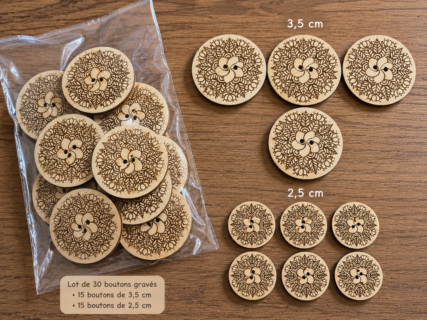 [Laser cut and engrave] Boutons gravés en bois – Motif floral