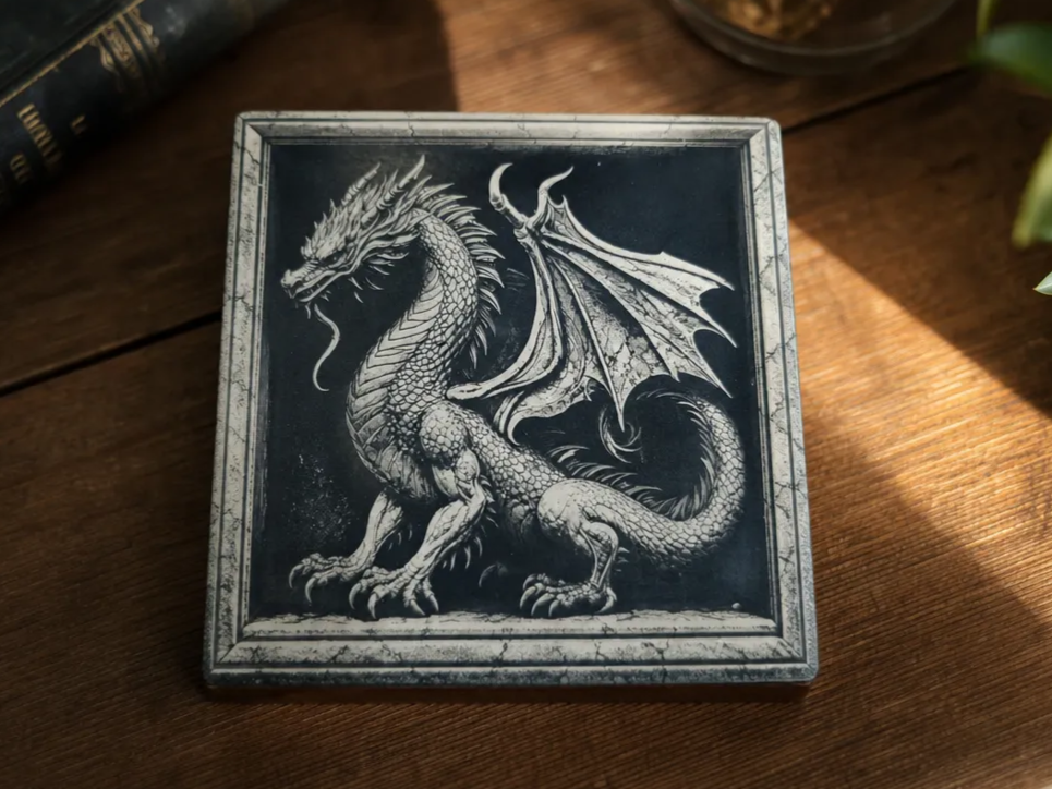 Square Stone Coaster Featuring Detailed Dragon Illustration