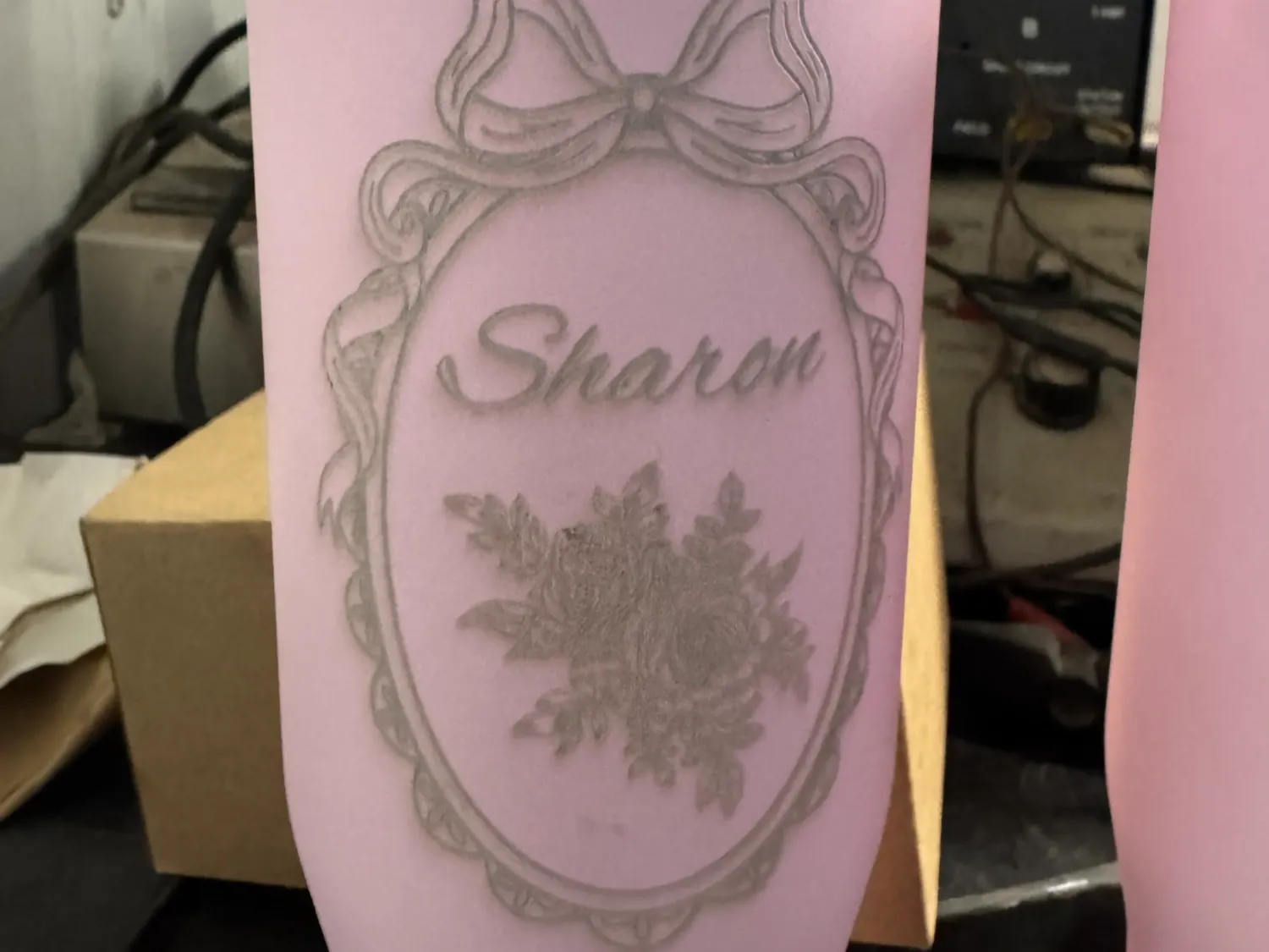 Pink Tumbler Featuring Sharon Nameplate with Bow and Floral Frame