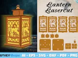 [Laser cut and engrave] Happy Halloween wooden lantern with pumpkin and graveyard silhouette cutouts