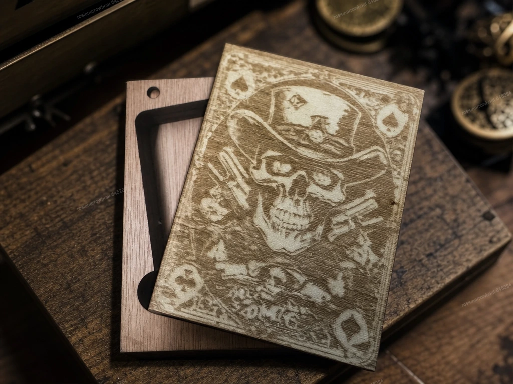Magnetic Lidded Wooden Playing Card Case with Skull Cowboy Motif