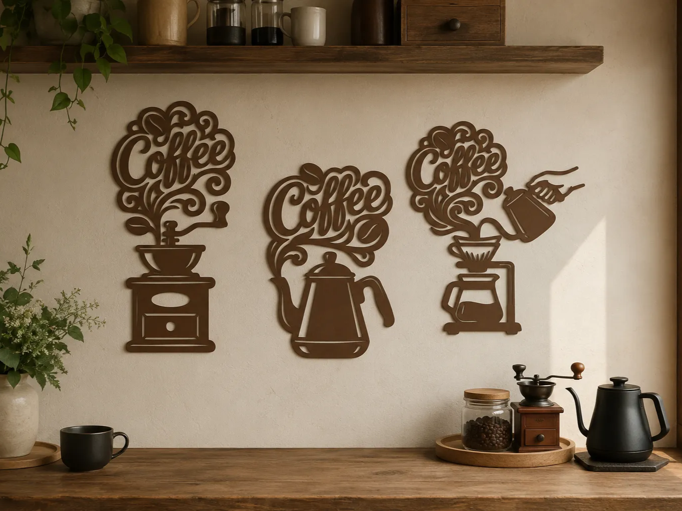 Set of Three Coffee Themed Kitchen Wall Art Signs