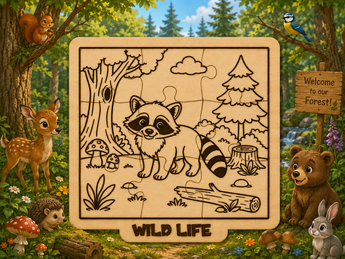 Forest Raccoon Wooden Puzzle SVG XCS | Cute Woodland Animal for Kids | Laser Cut Montessori Toy | DIY Educational Nature Puzzle