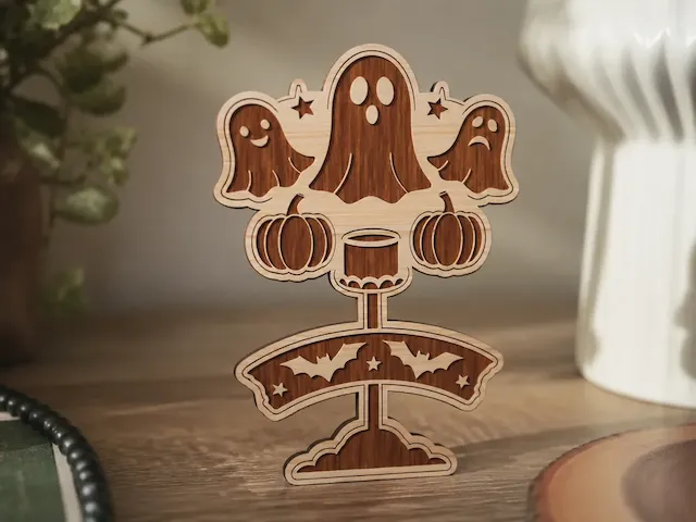 Halloween ghost and pumpkin tabletop sign with bat accents