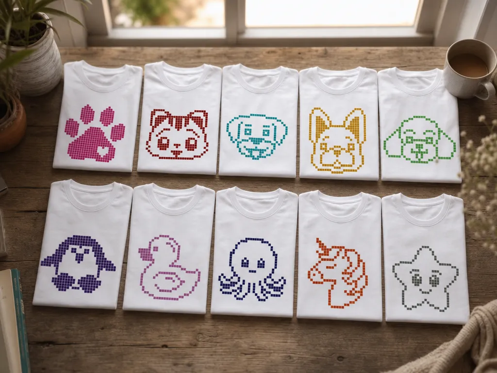 White T-shirts with Pixel Art Animal and Shape Graphics