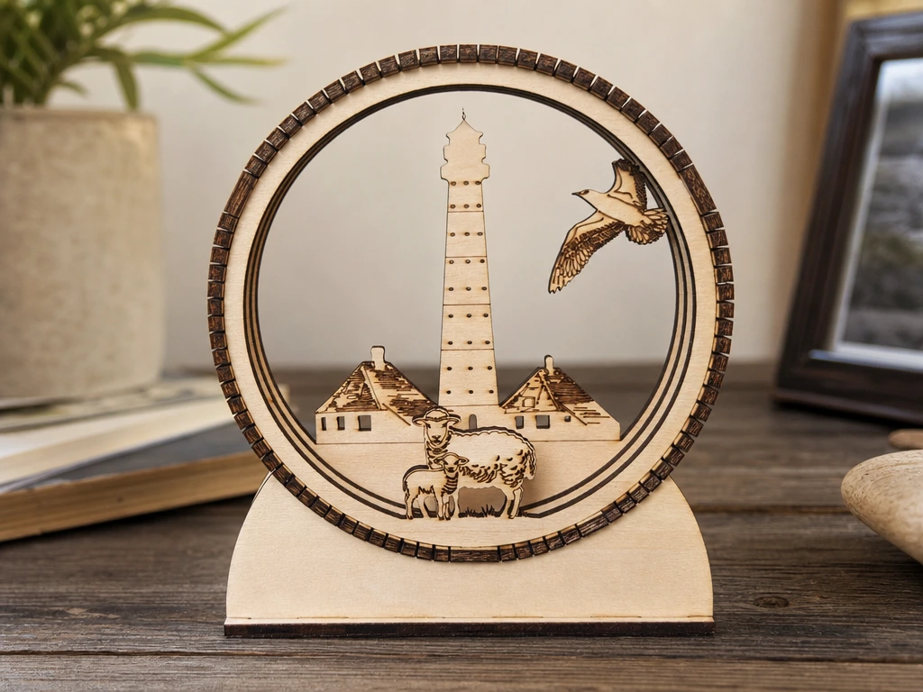 Westerhever Leuchtturm als maritime Tischdekoration (Ornament mit Schaf und Möwe)
