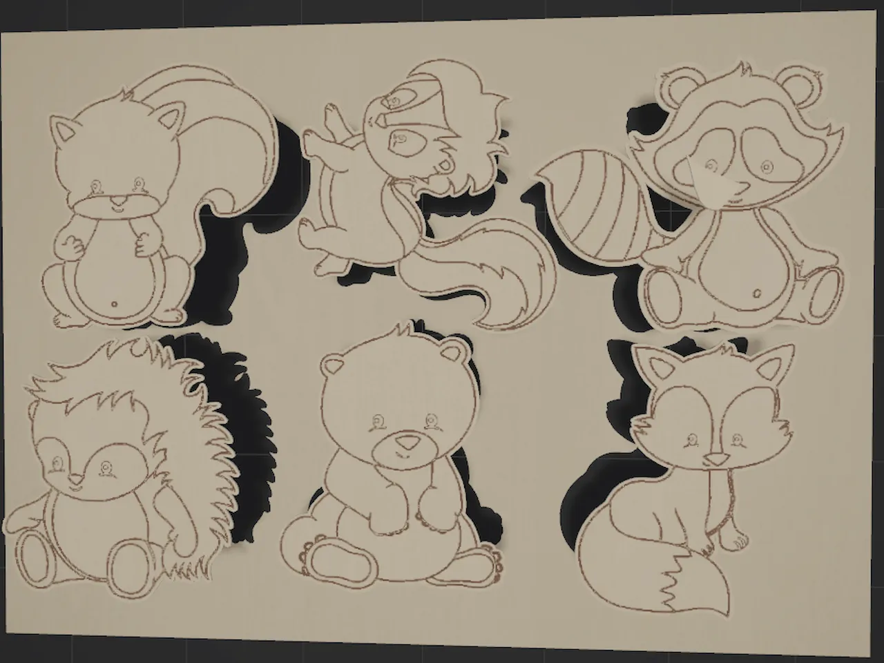 [Laser cut and engrave] Set of Woodland Animal Cutouts Featuring Squirrel, Raccoon, Hedgehog, Bear, and Fox