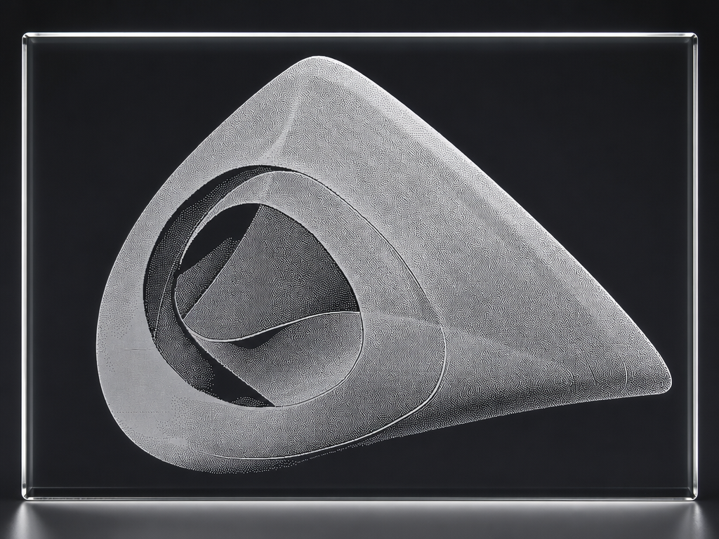 Abstract geometric glass block with internal 3D spiral sculpture