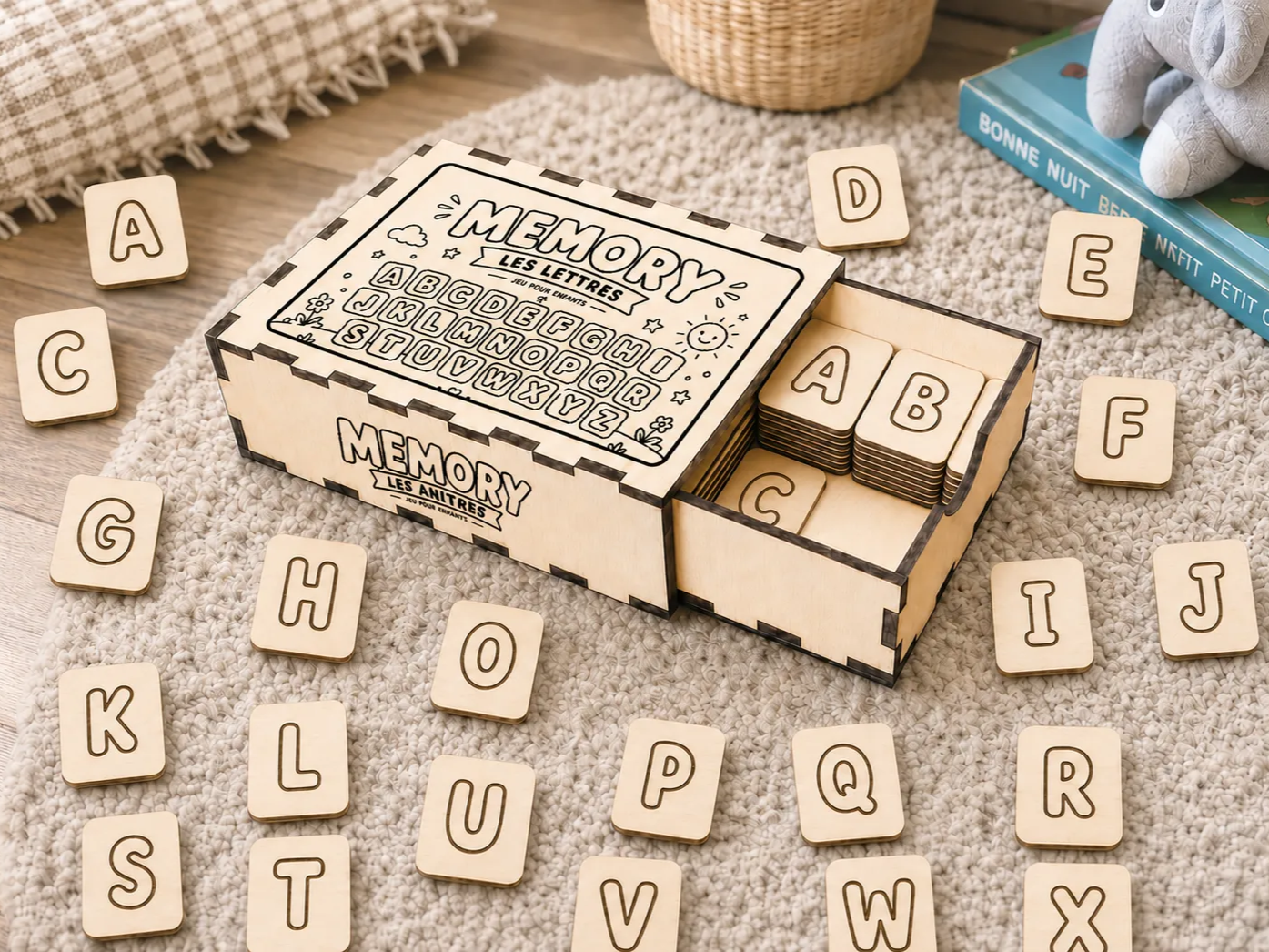 Jeu de mémoire éducatif en bois avec lettres de l'alphabet