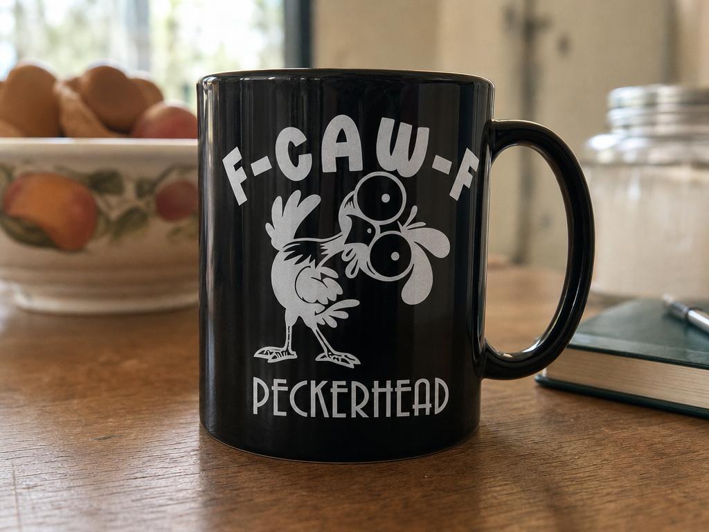 Black Coffee Mug Featuring Funny Cartoon Chicken Illustration