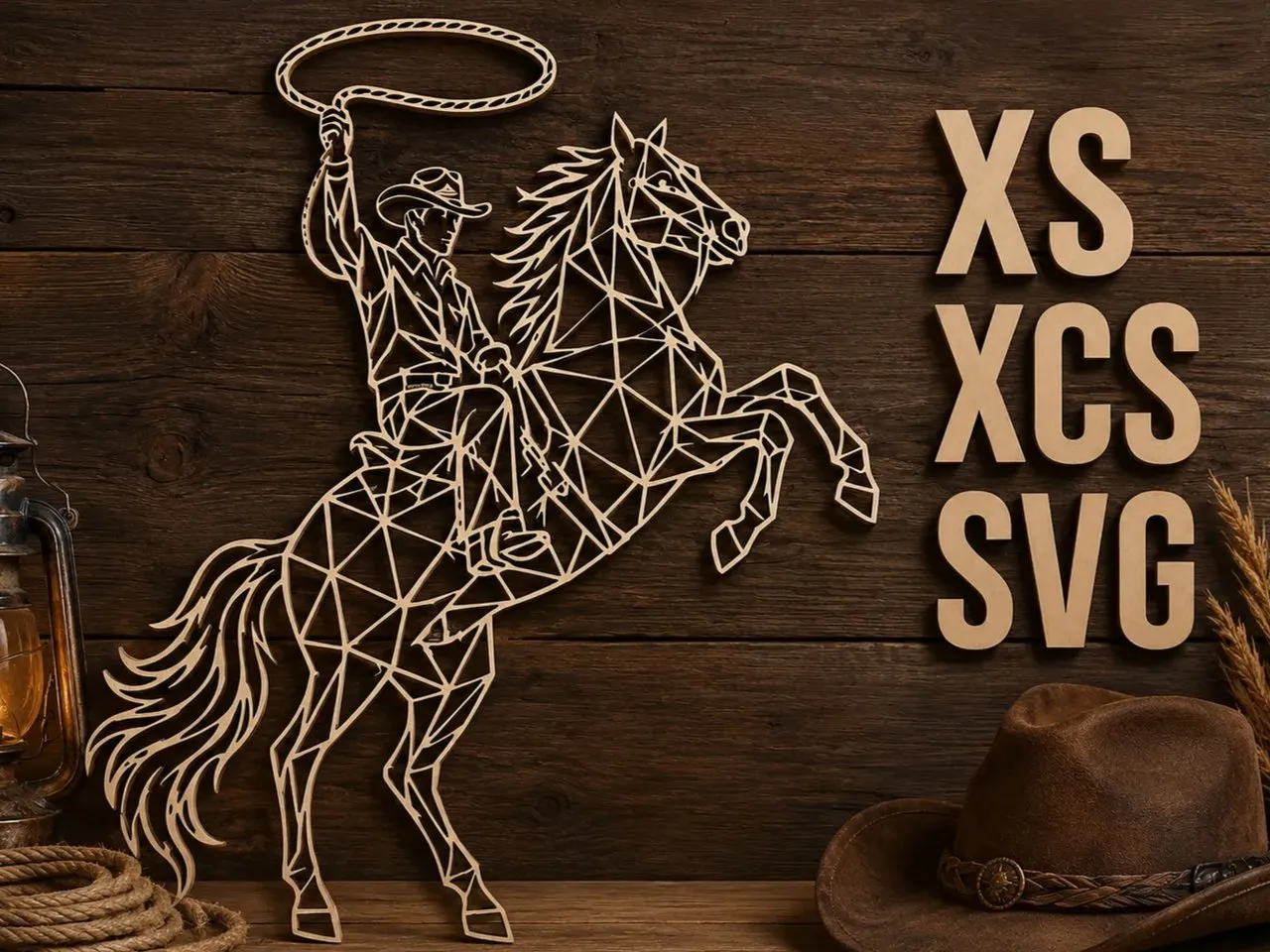 [Laser cut and engrave] Geometric Cowboy Riding Rearing Horse Wall Art