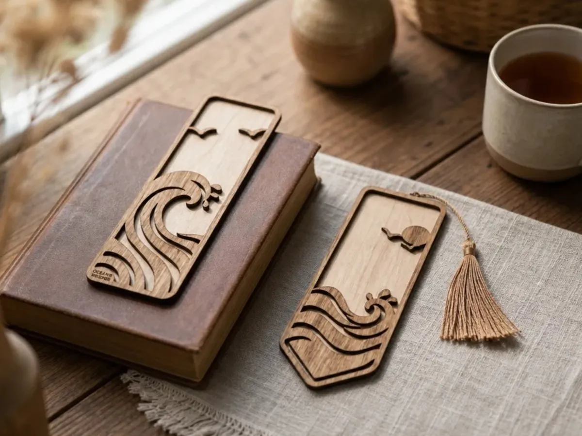 [Laser cut and engrave] Wooden Ocean Wave Bookmark with Tassel
