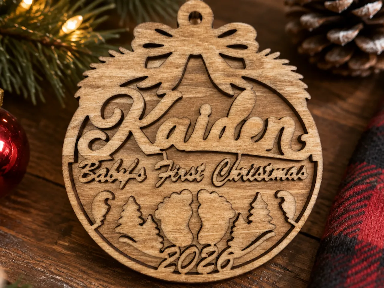 [Laser cut and engrave] Personalized Kaiden Baby's First Christmas Ornament with Footprints