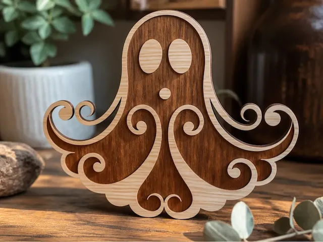 Wooden Ghost Figurine with Ornate Scrollwork Details