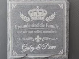 [Laser cut and engrave] Square Slate Coaster with Crown Motif and Personalized Friendship Quote