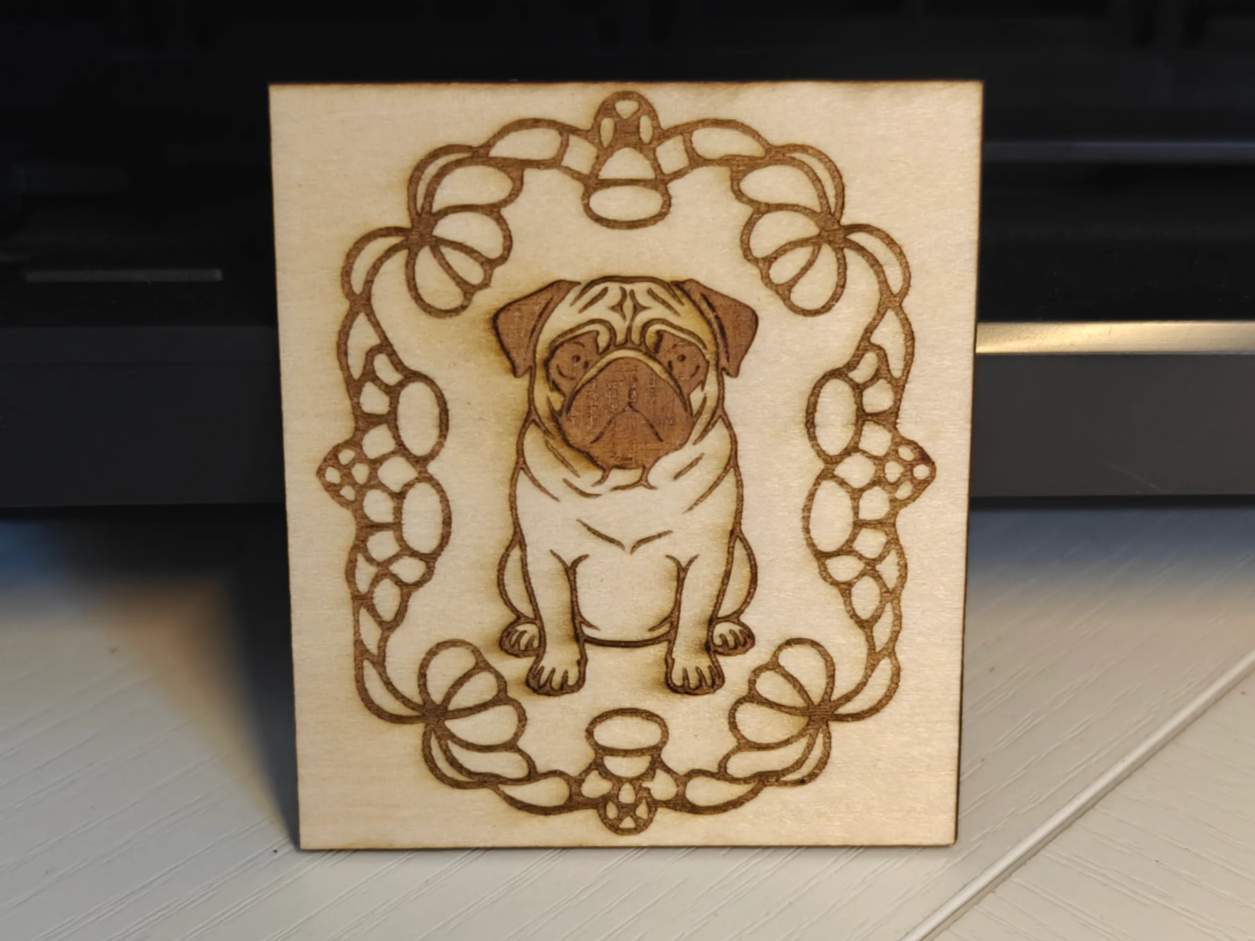 Square Plywood magnet Featuring a Pug Dog Portrait in a Floral Frame