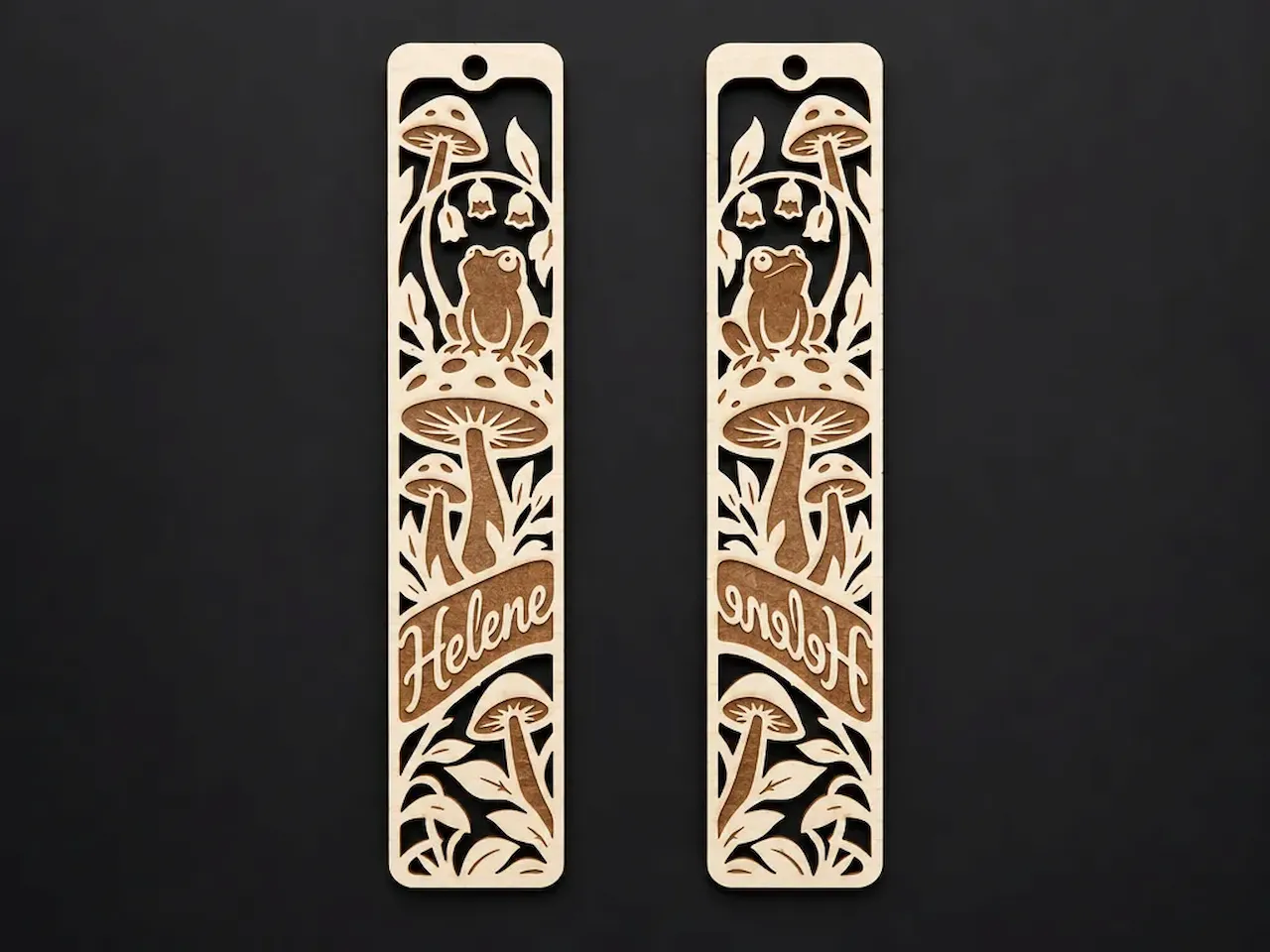 [Laser cut and engrave] Lesezeichen aus Holz mit Frosch und Pilz Motiv personalisiert mit Namen