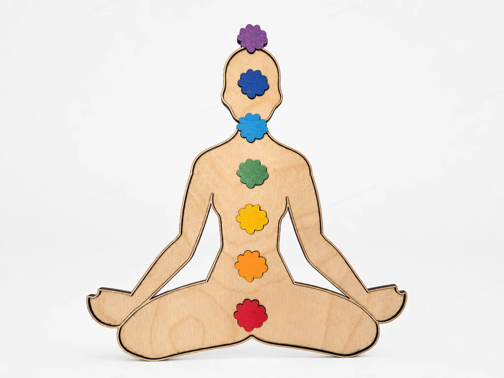 Meditating Human Figure with Seven Colorful Chakra Symbols