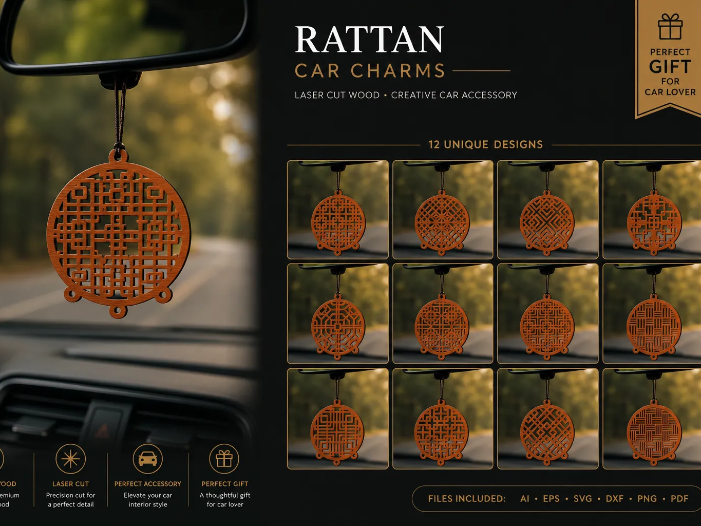 Rattan Car Charms laser Cut 12 Designs